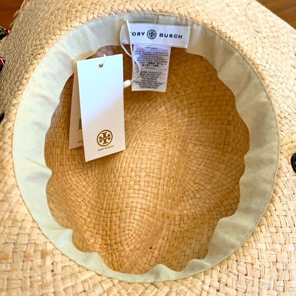 NWT Tory Burch Straw Hat with Silk Tie in Black Basketweave Print OS main image 4